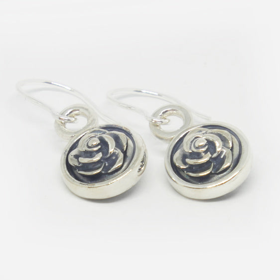 Oxidised sterling silver double sided rose drop earring