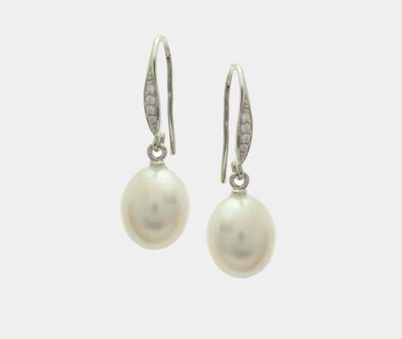Sterling Silver, freshwater pearl and cubic zirconia drop earrings
