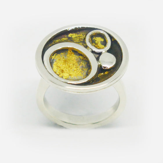 Oxidised Sterling silver and 24ct gold leaf in clear resin, 3 circle ring