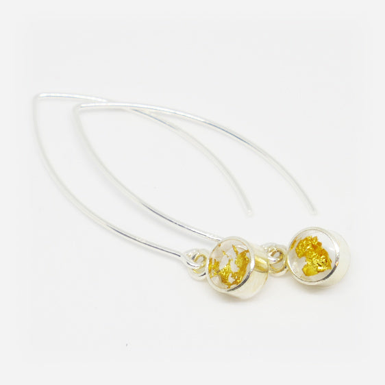 Sterling Silver and 24ct Gold leaf small round resin pair of drop earrings on long hooks.