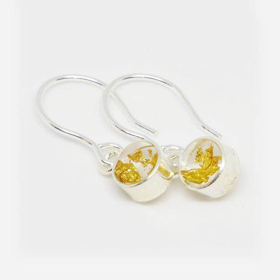 Sterling Silver and 24ct gold leaf small round resin pair of drop earrings on shorter hooks