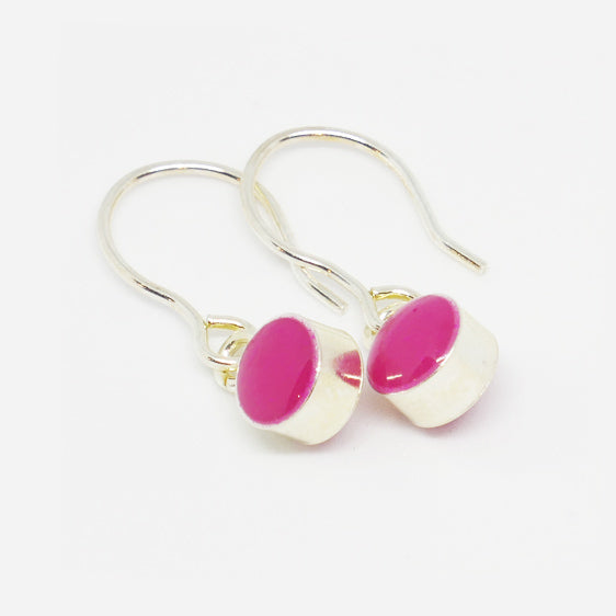 Sterling Silver small round resin pair of drop earrings on shorter hooks (Pictured Hot Pink) Other colours available