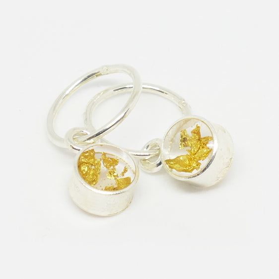 Sterling Silver and 24ct Gold leaf small round resin pair of drop earrings on hoops