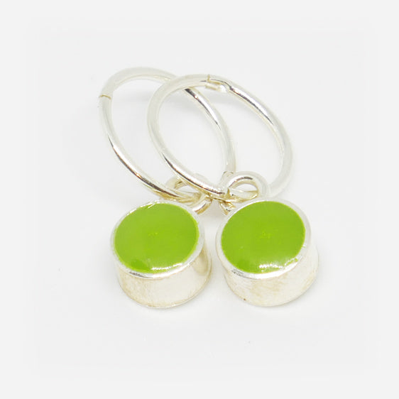Sterling Silver small round resin pair of drop earrings on hoops (Pictured Wasabi) Other colours available