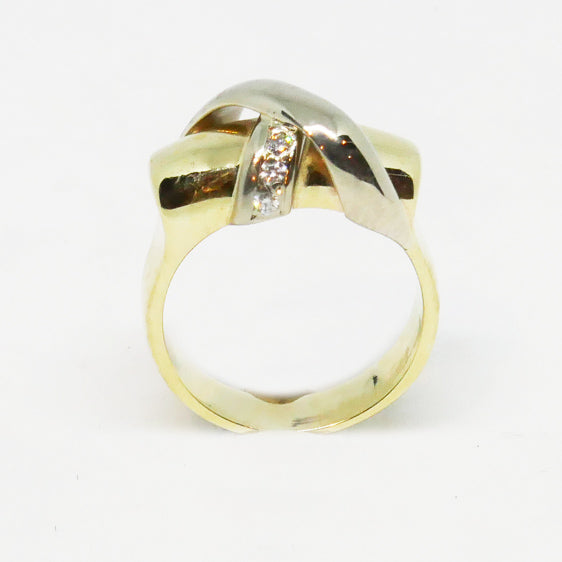 9ct yellow and white gold diamond crossover bar ring