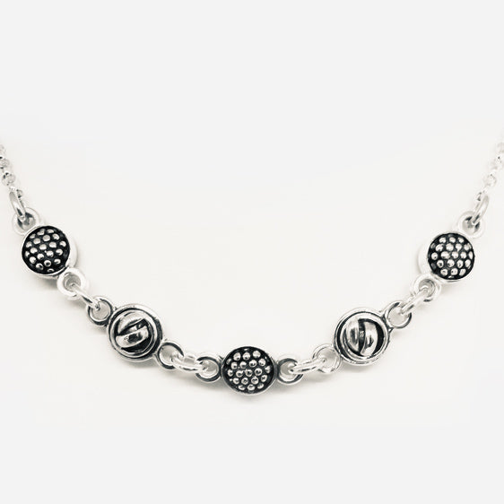 Sterling silver double sided alternating raspberry knot ball necklace