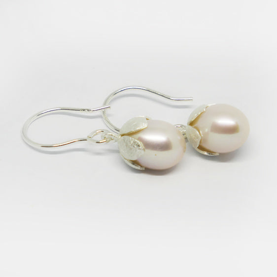 Sterling silver textured petal cap cultured pearl drop earring