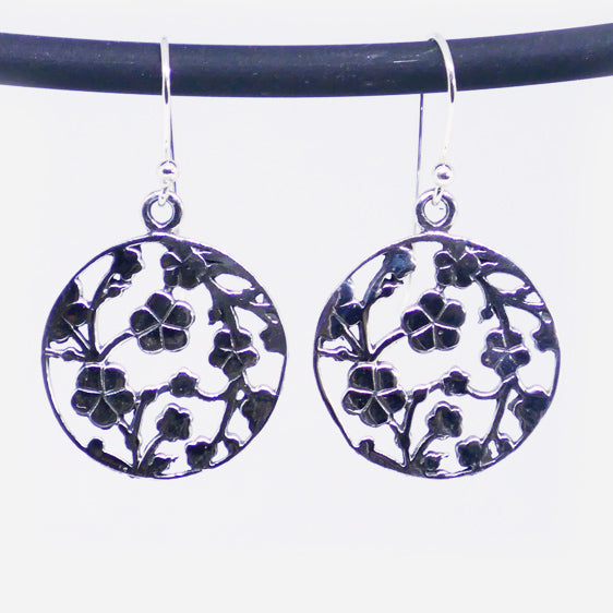 Sterling silver round filigree flower drop earrings