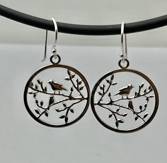 Sterling silver bird in tree drop earrings