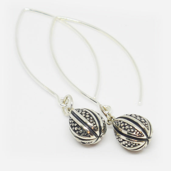Sterling Silver oxidised ornate teardrop earrings on long hook